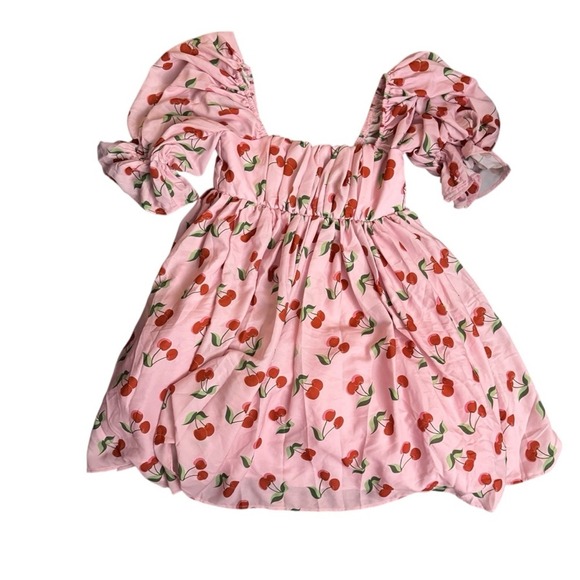 Smak Parlour Cherry Print Puff Sleeve Babydoll Mini Dress S Pink Spring Break - Picture 4 of 7